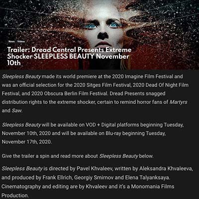 Trailer: Dread Central Presents Extreme Shocker SLEEPLESS BEAUTY November 10th